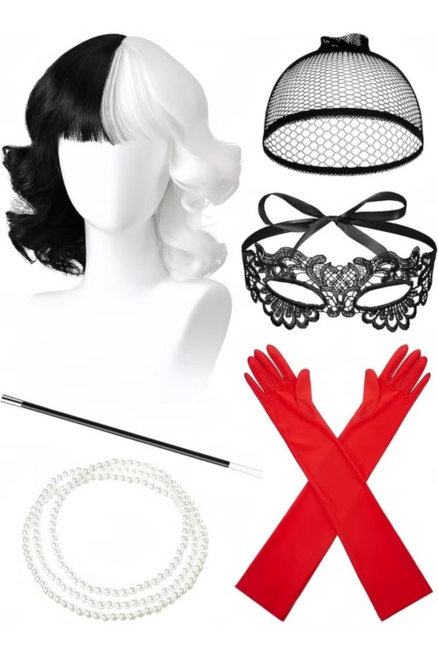 6 Sets Women Cosplay Accessory Kit with Black and White Wig Gloves Necklace Mask and Wig Cap for Party Halloween