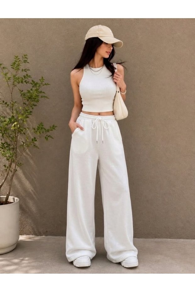 Women's Cream Color Wide Leg Sweatpants