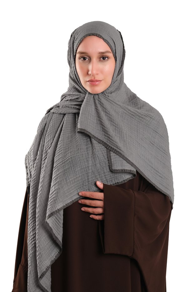 Gray Muslin Shawl with Piping, Breathable Cotton Textured Crinkle 202139_15