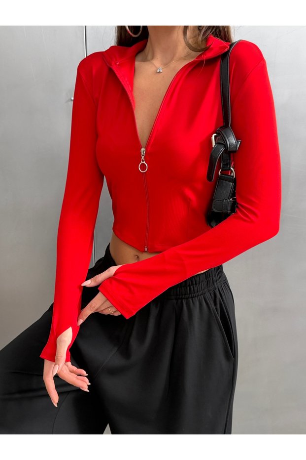 Women's Red Finger-Looped High Neck Zippered Diving Fabric Blouse