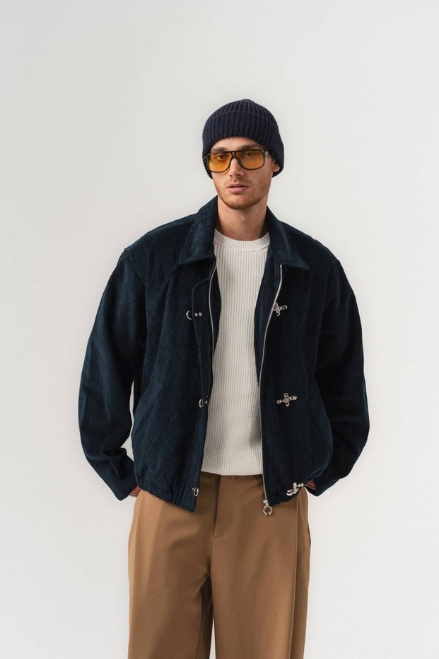 Hookcord Thick Corduroy Men's Coat with Metal Hook Closure and Collar