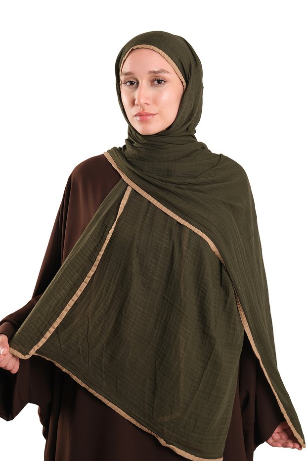 Khaki Muslin Shawl with Piping, Breathable Cotton Textured Crinkle 202139_09