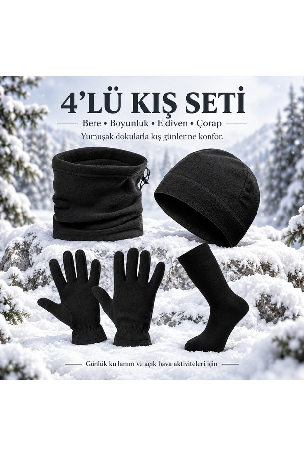 Unisex Black Thermal Winter Quality Fleece Gloves-Beanie-Neck Collar-Thermal Socks Set