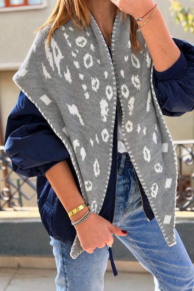 Gray Patterned Triangle Double-Sided Knitwear Shawl 60X160Cm Women's Shoulder and Neck Accessory