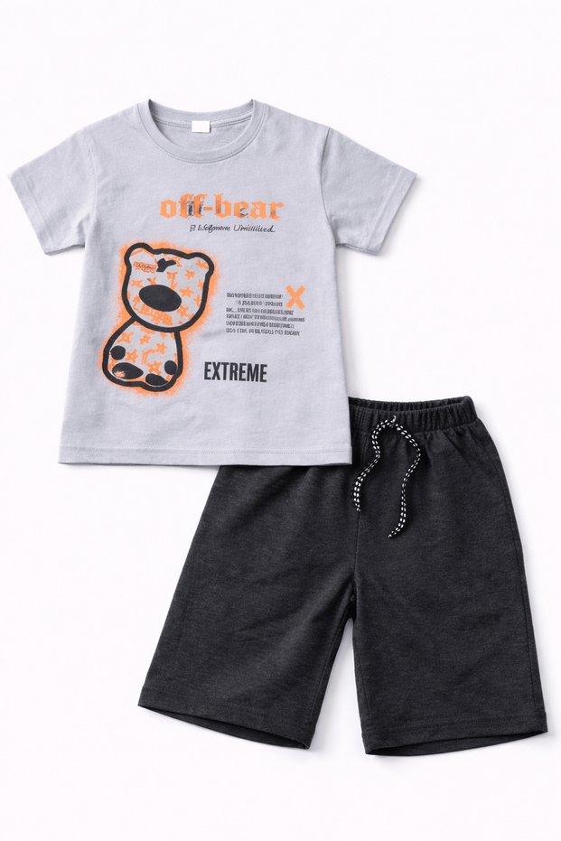 Teddy Bear Printed Boys' Shorts Set - 183 - Gray & Black