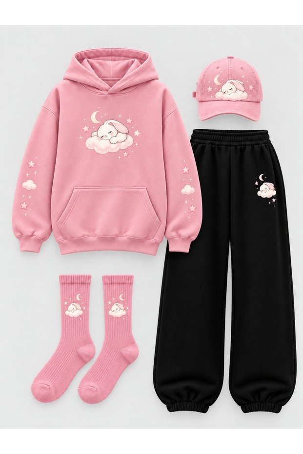 Girl's Rabbit Printed 4-Piece Tracksuit Set Oversize Hooded Sweatshirt Hat Socks