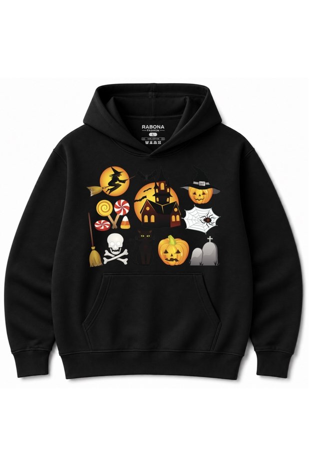 Halloween Spooky Icons – Witch, Haunted House & Pumpkin Graphic Hoodie