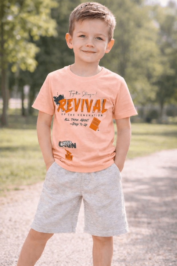 Revival Summer Printed Boys' Shorts Set - 183 - Salmon & Gray