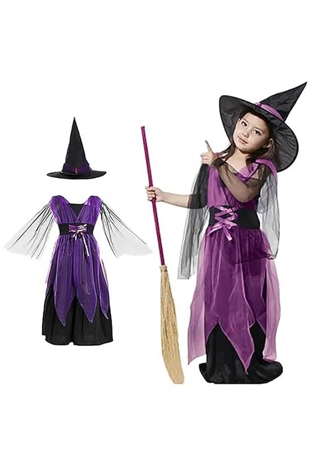 Witch Girls Kids Child Holiday Party Role Play Dance Party Gown Costume Queen Princess Dress Hat