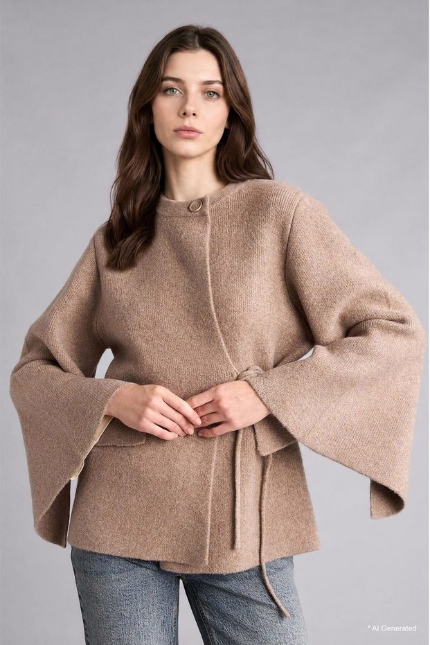 Relaxed Fit Crew Neck Wide Sleeve Lace-Up Wool Blend Knitwear Basic Sweater H2411Ax26Au
