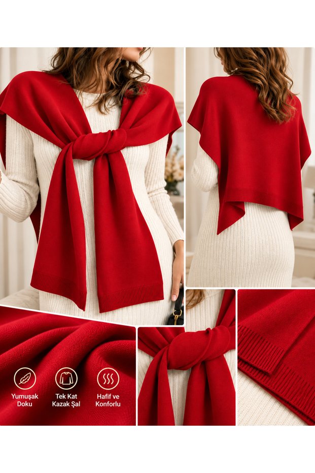 Women's Red Knitwear Faux Sweater Shawl – Tieable, Soft Textured, Stylish and Elegant Shoulder Shawl