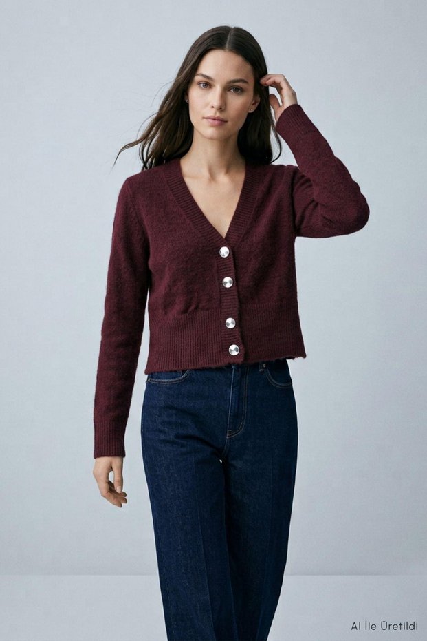 V-Neck Button Detailed Short Cardigan 2533 Claret Red