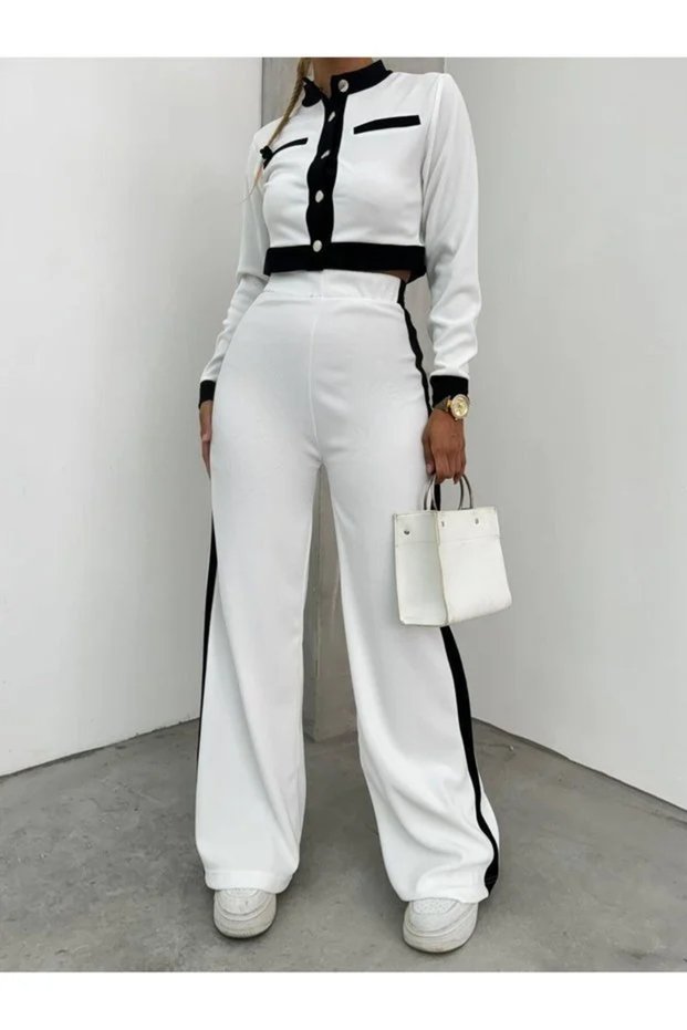 Women's Ottoman Garnished Buttoned Spanish Leg Trousers Set