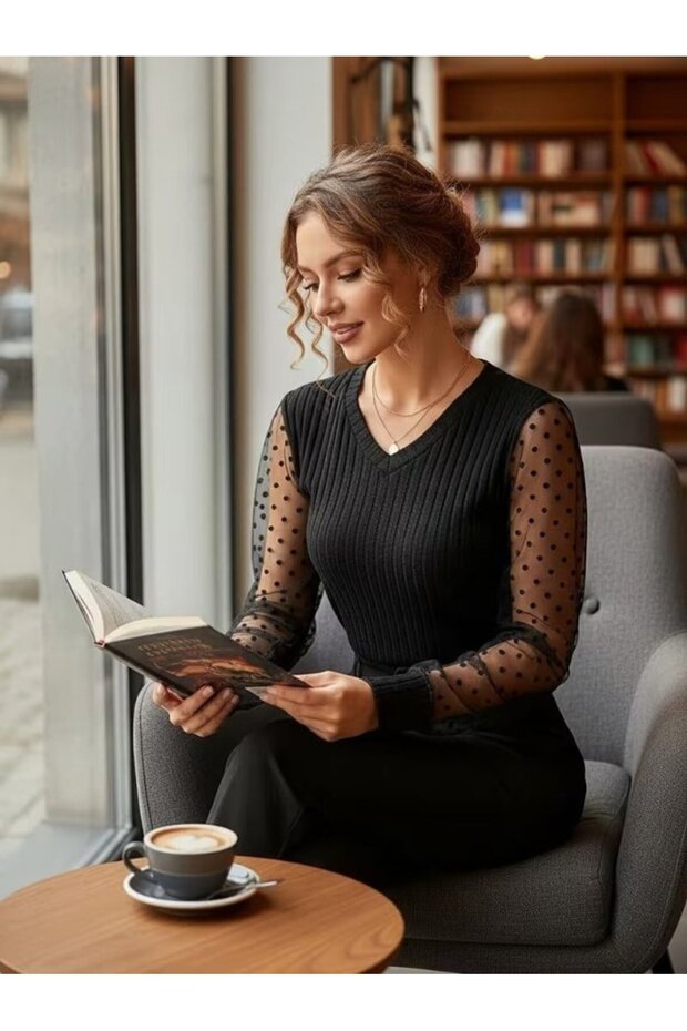 New Season Women's Long Sleeve V-Neck Blouse with Polka Dot Tulle Detail on the Sleeves 65077