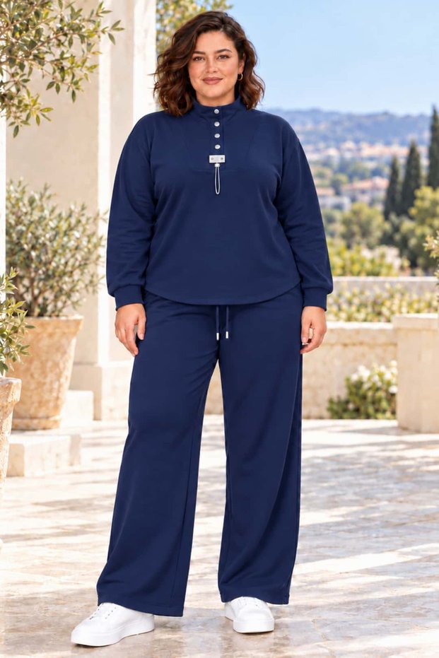 Plus Size Women's Stand Collar Metal Button and Accessory Detailed Wide Leg Two-Piece Set