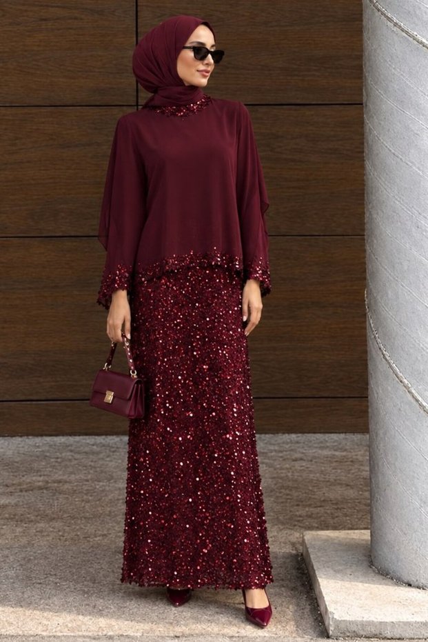 Sequin Embellished Burgundy Hijab Evening Dress 48282Br