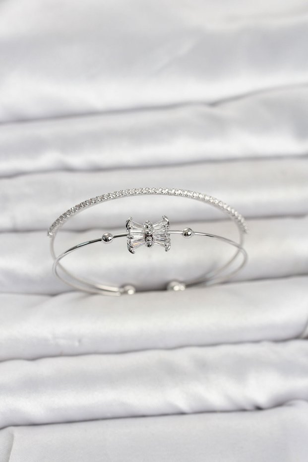 Brass Silver Color Baguette Zircon Stone Women's Bracelet