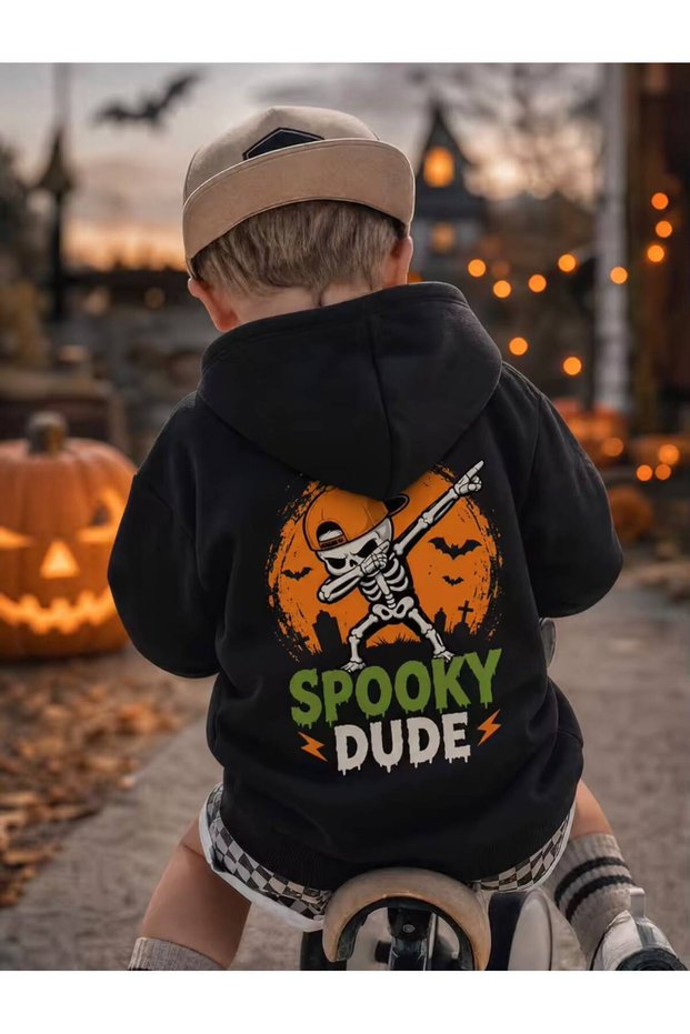 Children's Spooky Dude Printed Oversize Hooded Sweatshirt