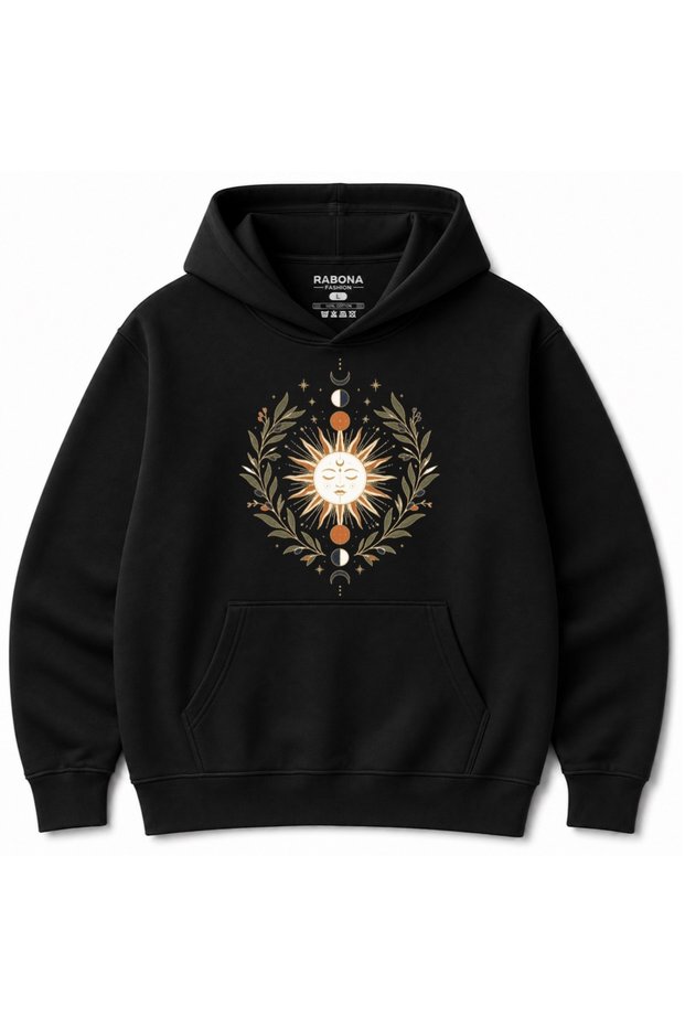 Celestial Sun & Moon Harmony – Mystical Botanical Moon Phases Graphic Hoodie