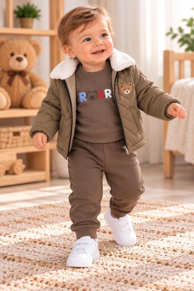 Baby Boy Teddy Bear Printed 3-Piece Set with Fur Collar, Quilted Coat, Sweatshirt and Sweatpants Set