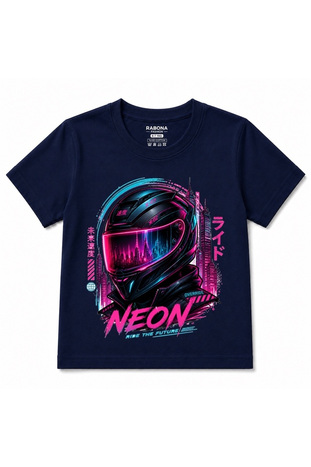 Neon Override – Cyberpunk Motorcycle Helmet & Futuristic Neon City Kids Graphic T-Shirt