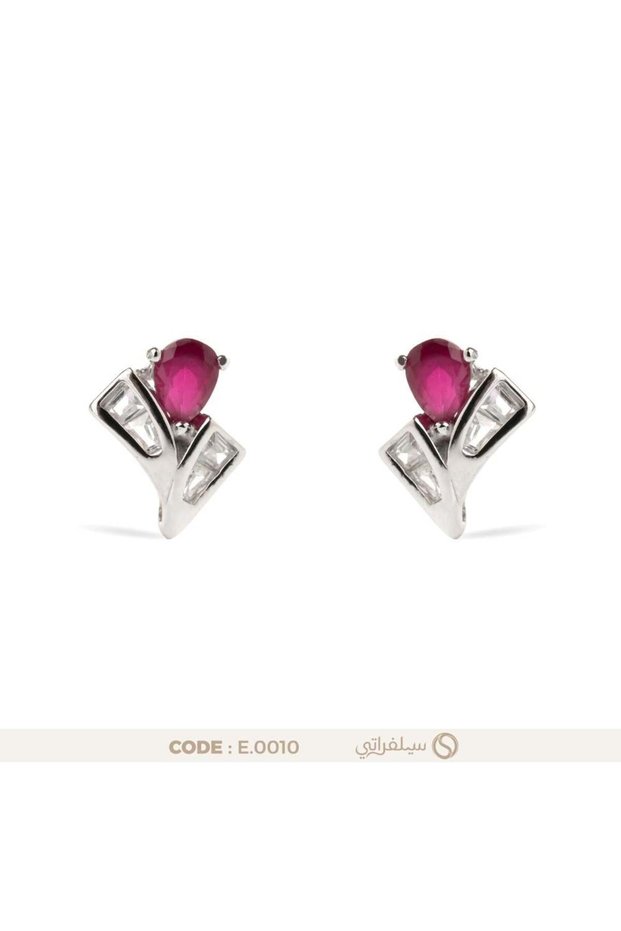 حلق بفص روبي فضة عيار 925 مطلي روديوم