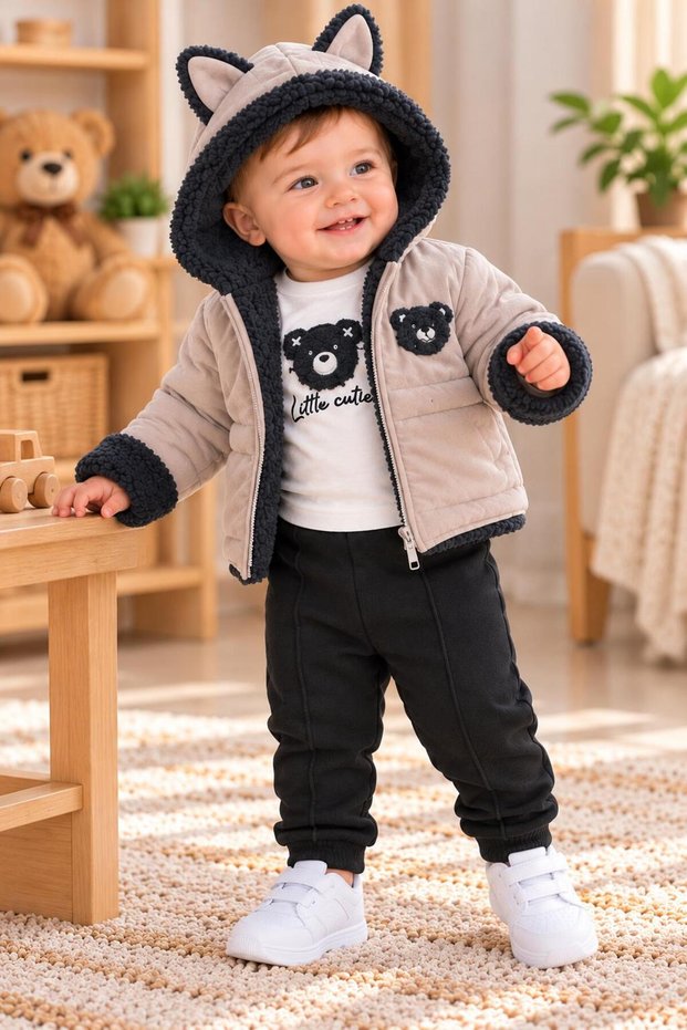 Baby Boy Hooded Plush Detailed Zippered Coat and Pants and Sweatshirt 3-Piece Set