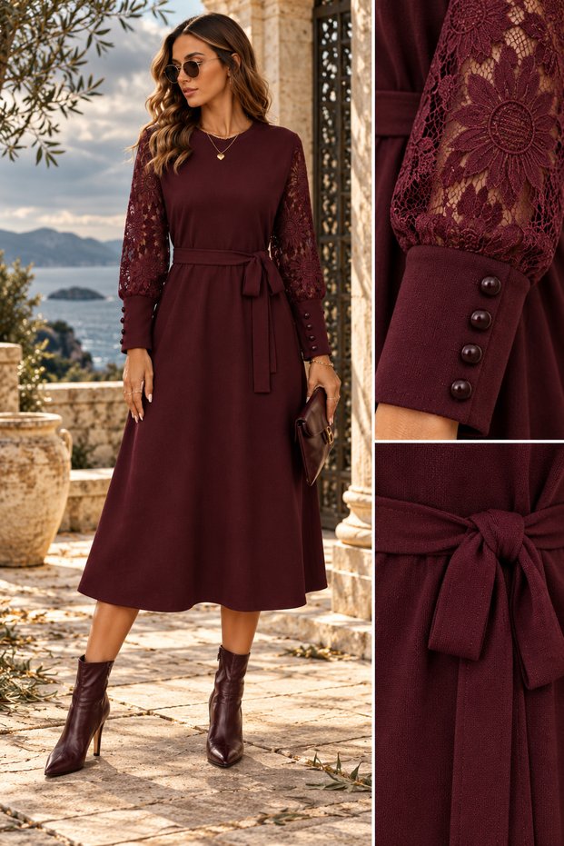 Women S Long Sleeve Crewneck Midi Waffle Dress with Lace Sleeve Detail and Waist Belt - Romantic Touch and Timeless Elegance