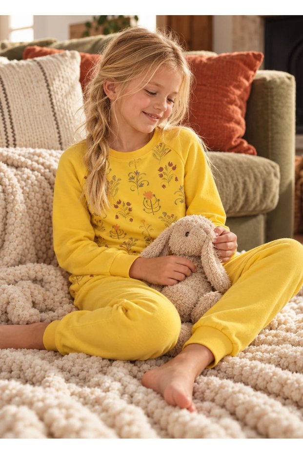 Organic Floral Printed Yellow Winter Girls' Pajama Set