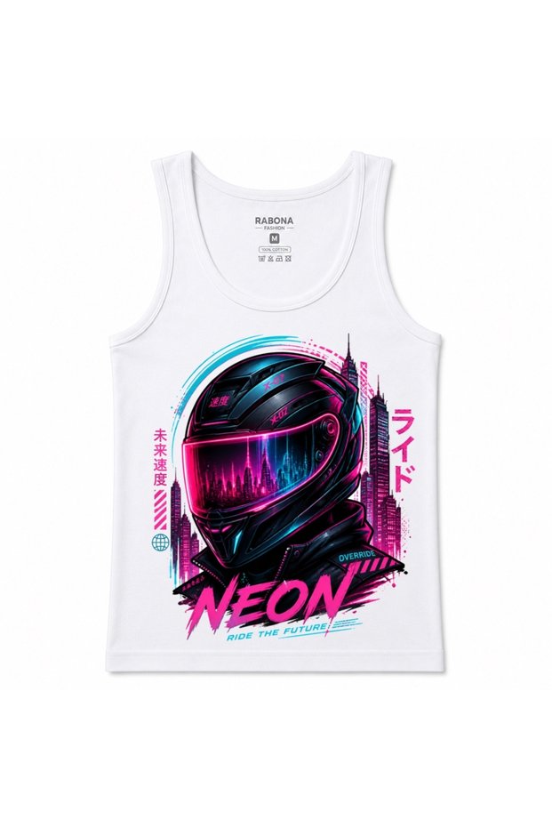 Neon Override – Cyberpunk Motorcycle Helmet & Futuristic Tokyo City Graphic Tank Top