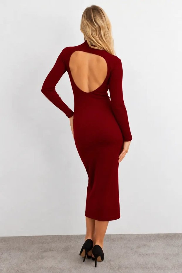 Women's Burgundy Backless High-Neck Midi Dress Ey3012