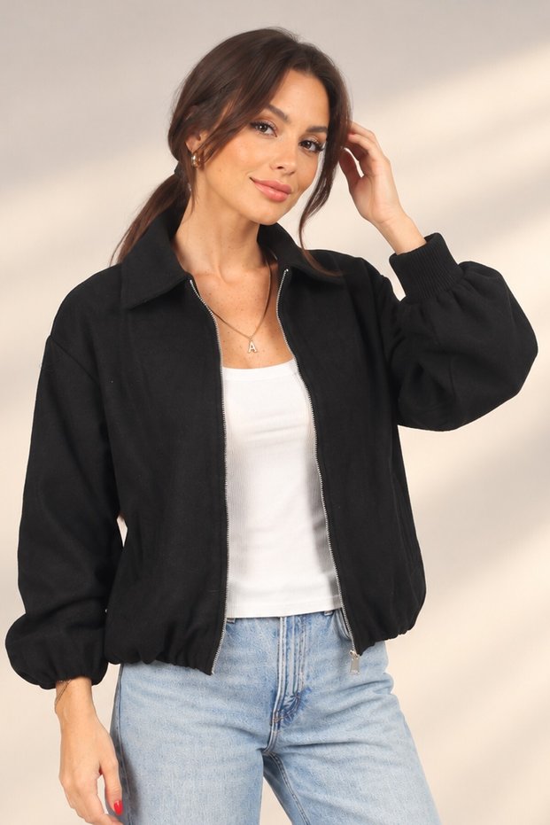Women's Front Zippered Lined Pocket Cashmere Short Coat