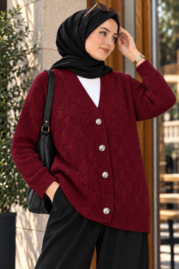 Buttoned Knitted Patterned Knitwear Cardigan Claret Red