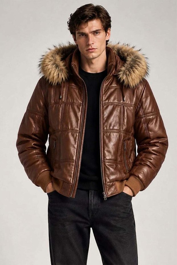 Cognac Fur Hooded Genuine Leather Puffer Coat