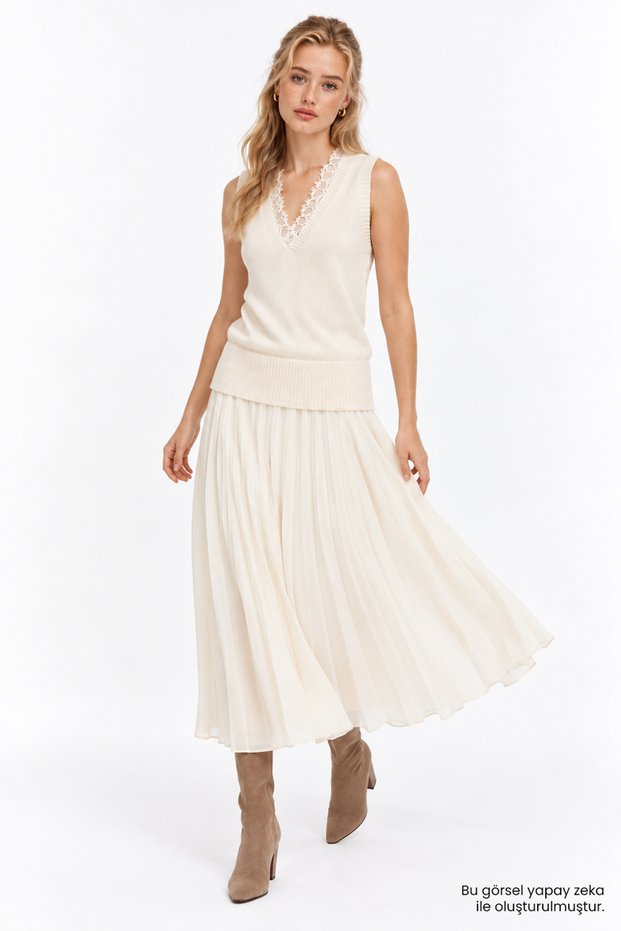 Lace Detailed Knitwear Top and Chiffon Skirt Midi Dress