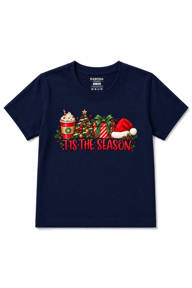 Tis the Season – Christmas Coffee, Festive Tree, Santa Hat & Holiday Gift Graphic Kids T-Shirt