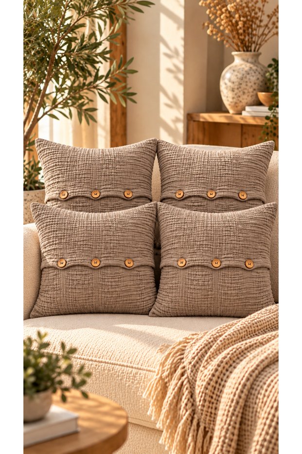 4-Layer Muslin Buttoned Decorative 4-Piece Throw Pillow Cover Set (45X45 cm) – Bohemian Texture Sofa & Bed Pillow Cover Set | 6 Colors