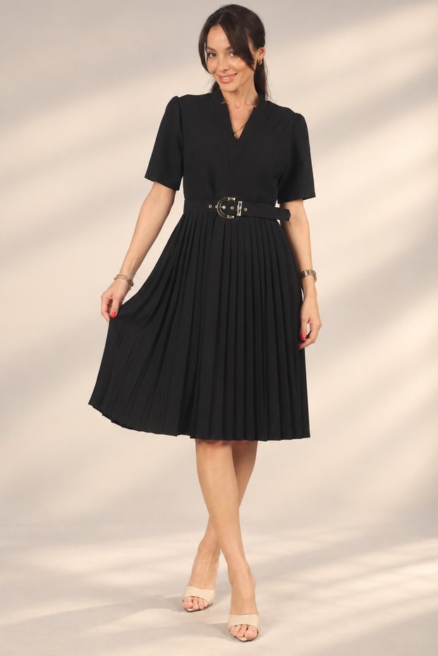 Women's V-Neck Skirt Pleated Short Sleeve Crepe Dress