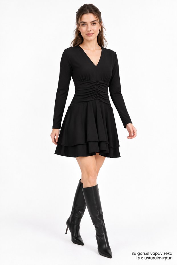V-Neck Gathered Waist Layered Flounce Mini Dress