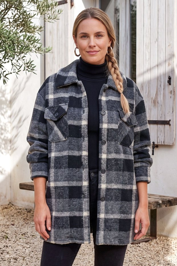 Italian Gray-Black Jacket Lapel Long Sleeve Plaid Double Flap Pockets Wool Oversize Woven Jacket 88 65