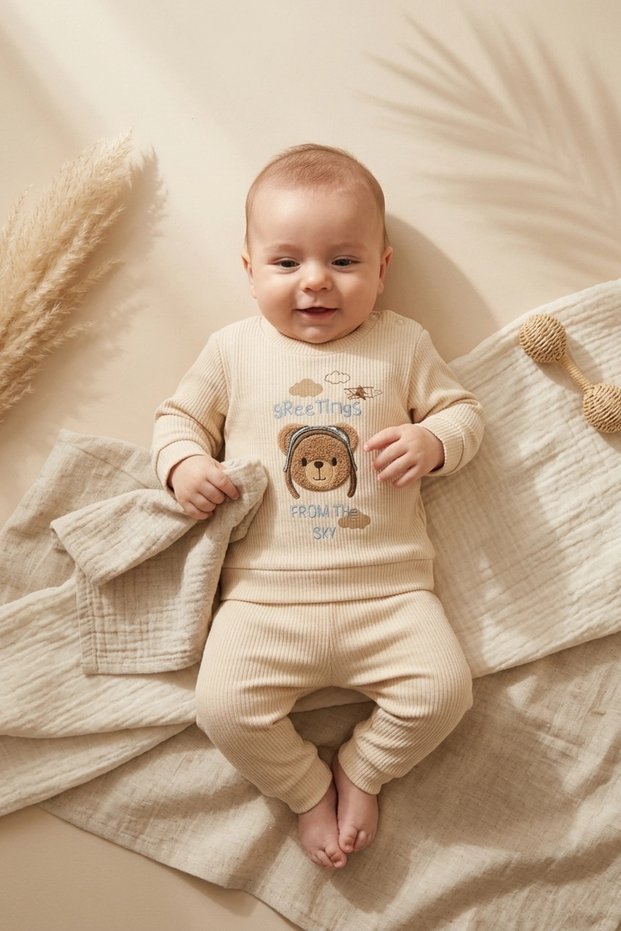 Digital Embroidered Baby Sky Pilot Embroidered Cotton Double Set - 100% Cotton, Flexible and Comfortable