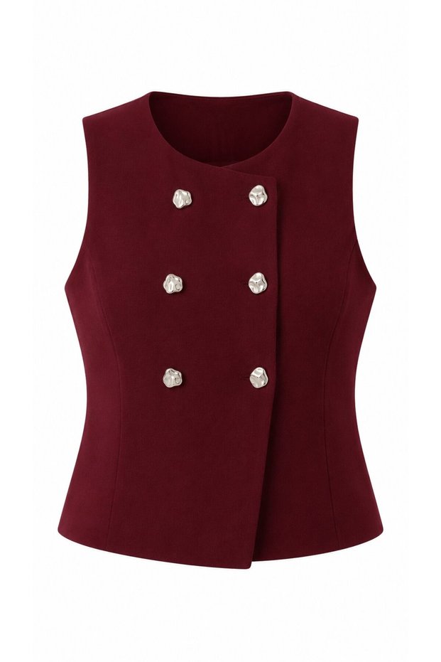 Burgundy Double-Buttoned Knitwear Vest - 2Y4492
