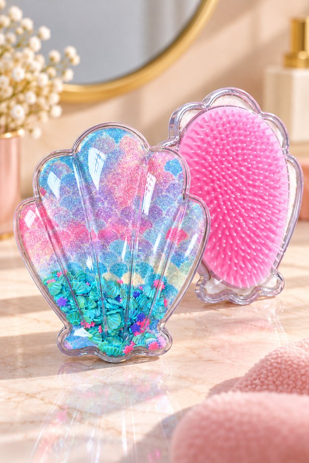 Seashell Model Glitter Hair Brush – Sea-Themed, Wet and Dry Hair Comb