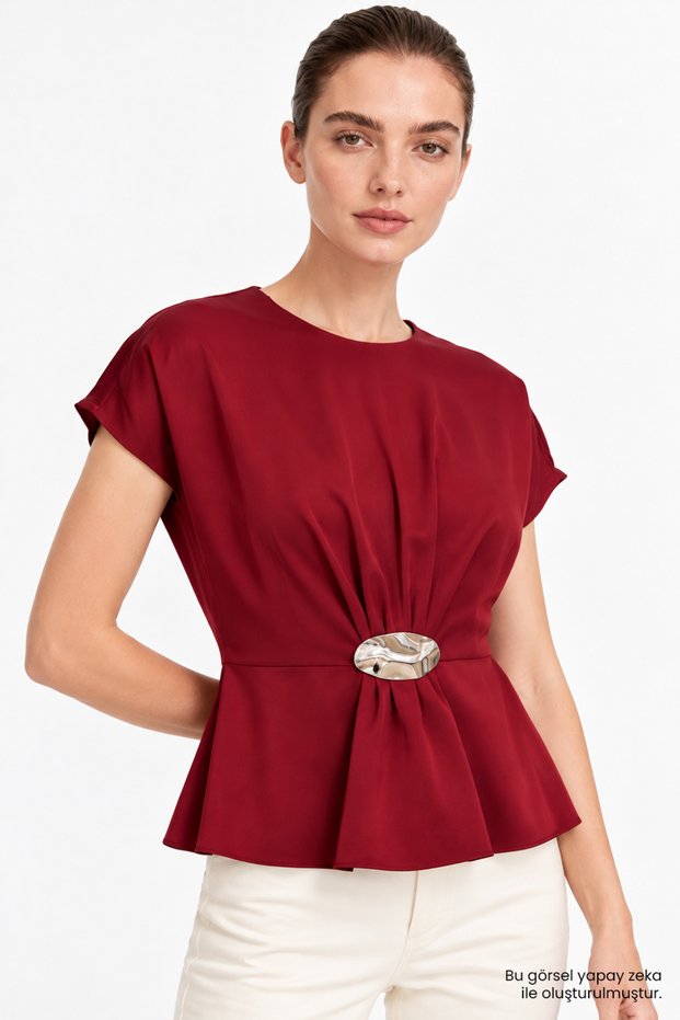 Crew Neck Metal Buckle Draped Waist Flounce Blouse