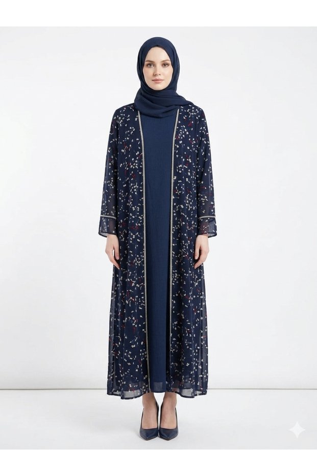 Rizqé Midnight Navy Ditsy Floral Sheer Kimono Abaya Set