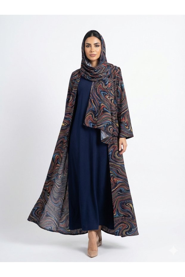 Rizqé Azure Vortex Blue Swirl-Print Kimono Abaya Set