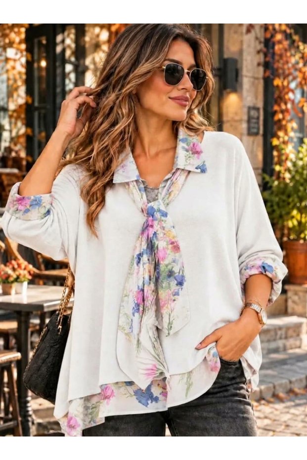 Italian Floral Detailed Shawl Knitwear Blouse with Scarf