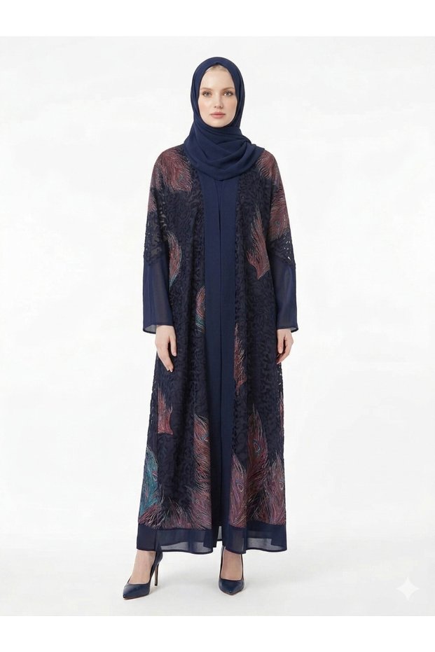 Rizqé Midnight Navy Sheer Chiffon Printed Abaya Set