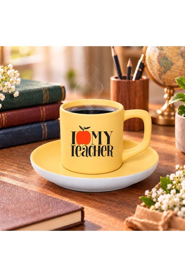 Matte Yellow Turkish Coffee Cup and Saucer with I Love My Teacher Design