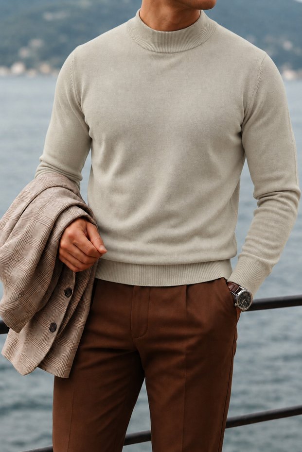 Men's High-Neck Casual Beige Knit Sweater